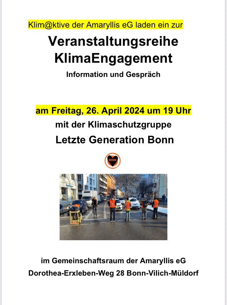 Ein Plakat wirbt für einen Vortrag mit der Klimaschutz·gruppe Letzte Generation Bonn am 26. April 2024