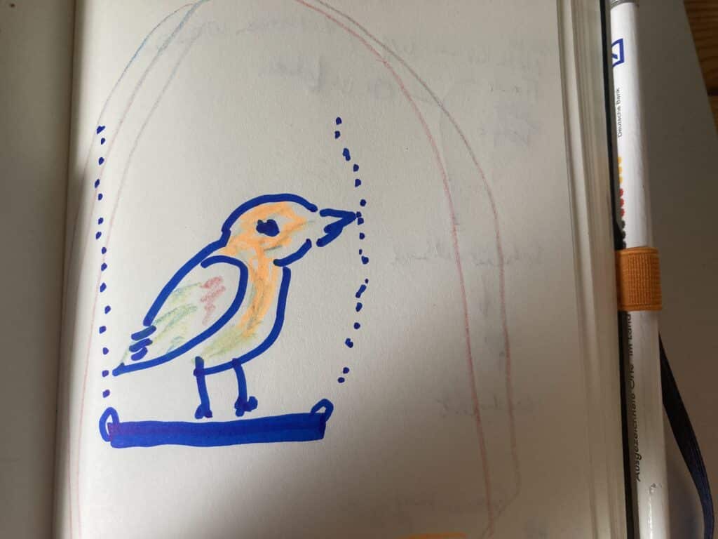 Skizze eines Kanarienvogels auf der Stange in einem Käfig