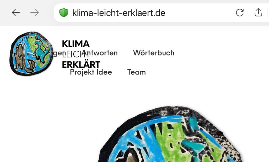 Screenshot der Klima Leicht Erklärt Seite. Das Menu ist kaputt, die Wörter schweben irgendwo herum.