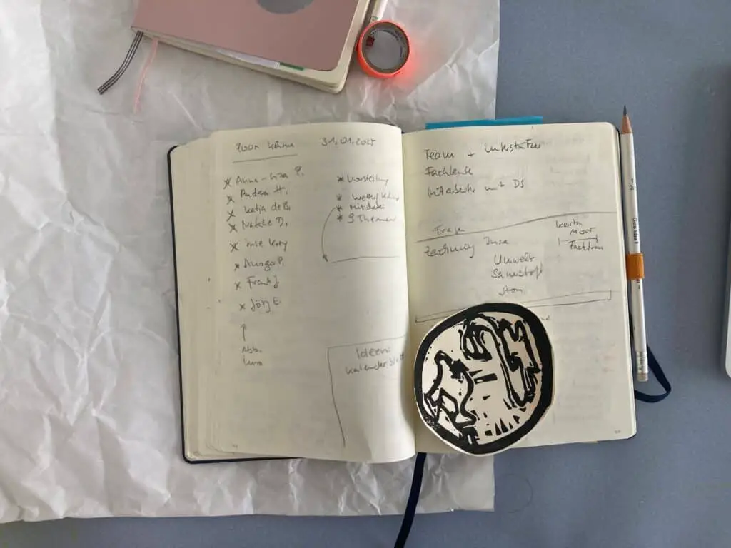 Ein aufgeschlagenes Notizheft mit Bleistift Eintragungen