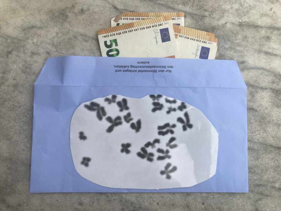Ein blauer Briefumschlag, darin stecken 50 EZR Scheine. Auf dem Umschlag klebt ein abgerundetes Foto mit Chromosomen drauf