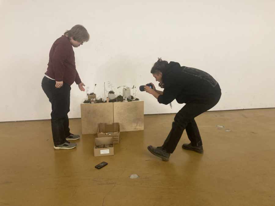 2 Personen betrachten ein Kunstwerk. Die rechte Person fotografiert. Das Kunstwerk ist ein Rechteck mit Klötzen unterschiedlicher Größe drauf. Auf den Klötzen liegt Moos, dazwischen sind Zweige mit ein paar Blättern zu sehen.