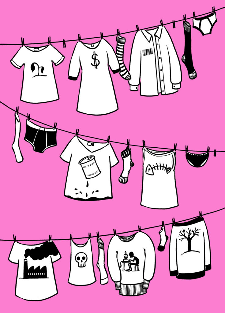 Auf dem Bild ist eine lange Wäsche-Leine. Auf der Leine hängt viel Kleidung. Zum Beispiel ein Kleid, eine Jacke und Socken. Auf der Kleidung sind Zeichnungen. Das ist auf den Zeichnungen: Eine trockene Pflanze. Ein Dollar-Zeichen. Ein Strich-Code für ein Produkt. Erdöl, das aus einem Fass ins Meer tropft. Ein toter Fisch. Eine dreckige Fabrik. Ein Totenkopf. Eine Person, die viel näht. Ein toter Baum.