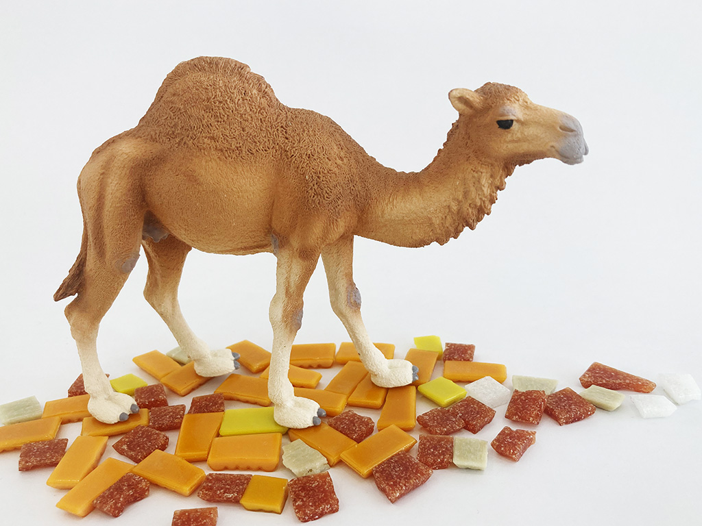 Auf dem Foto sieht man die Miniatur von einem Kamel. Es steht auf orangenen, gelben und rötlichen Mosaik Steinen.
