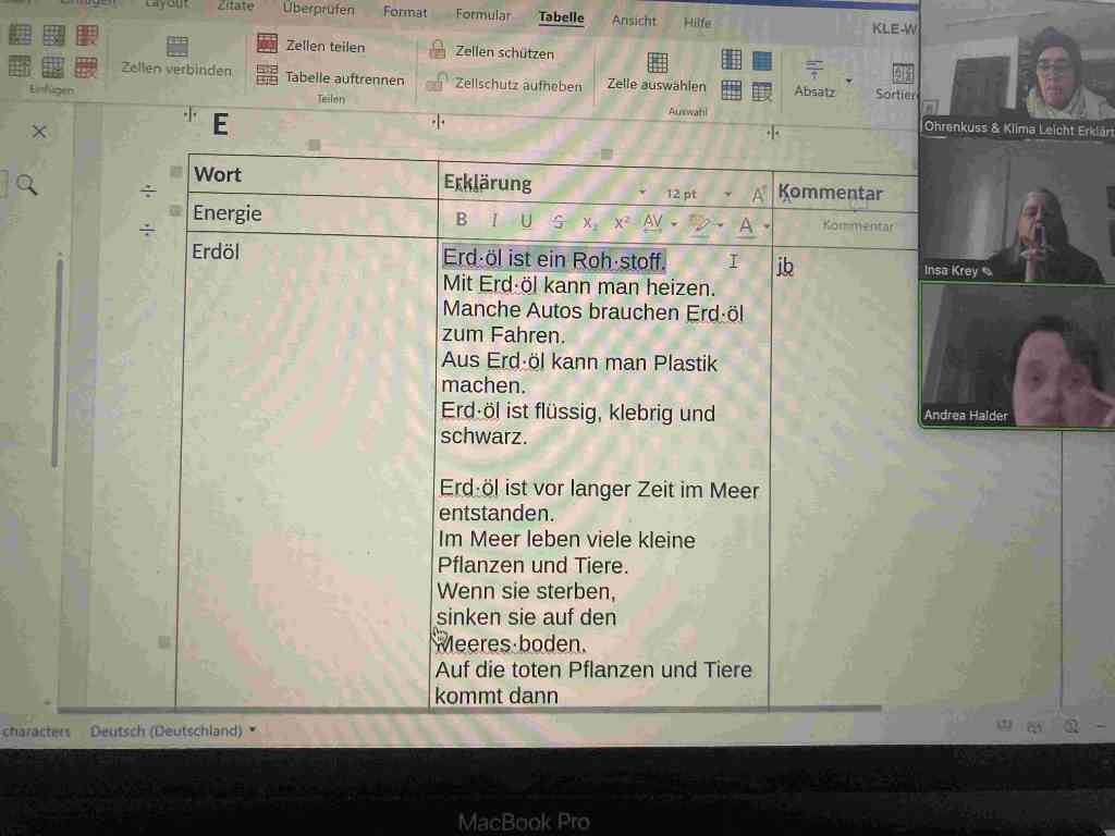 Blick auf einen Zoom Bildschirm. Rechts sind drei Personen zu sehen. Auf dem Bildschirm sieht man eine Tabelle, es geht um das Thema Erdöl.