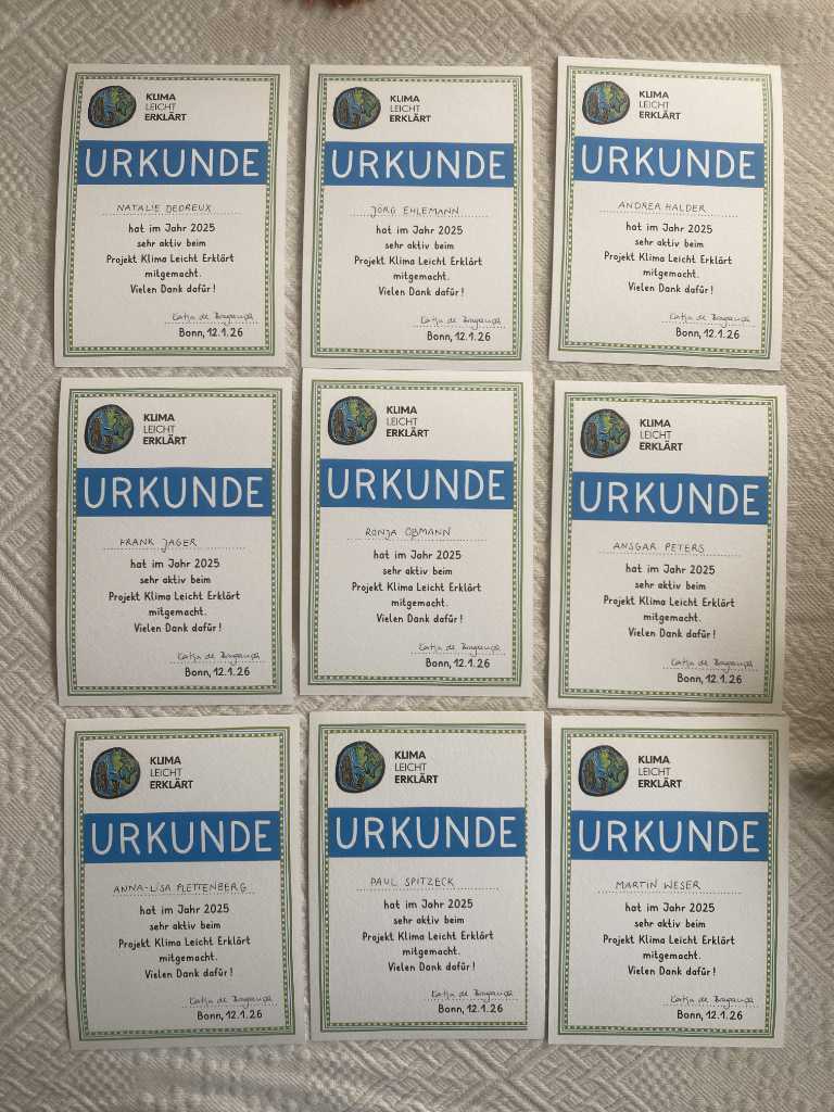 Auf einem weißen Untergrund sind 9 Urkunden zu sehen. Die Urkunden sehen so aus: oben ist das Logo von KLIMA leicht erklärt, darunter in Großbuchstaben das Wort Urkunde. Da drunter steht der Name der Person, die die Urkunde bekommt. Darunter steht: XY hat im Jahr 2025 sehr aktiv beim Projekt Klima leicht erklärt mit gemacht. Vielen Dank dafür! Rechts unten ist die Unterschrift der Projektleitung, Katja de Braganca
