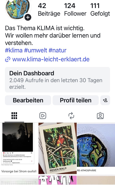 Ein Screenshot von einem Inter Instagram Account. Es ist der Account des Projektes KLIMA leicht erklärt.