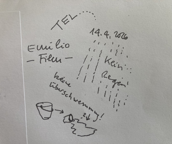 Eine Skizze auf Papier mit Stichworten. Es ist ein Eimer zu sehen, ergibt um es regnet. Die Skizze beschäftigt sich mit Überschwemmung. Es geht um die Schwammstadt.
