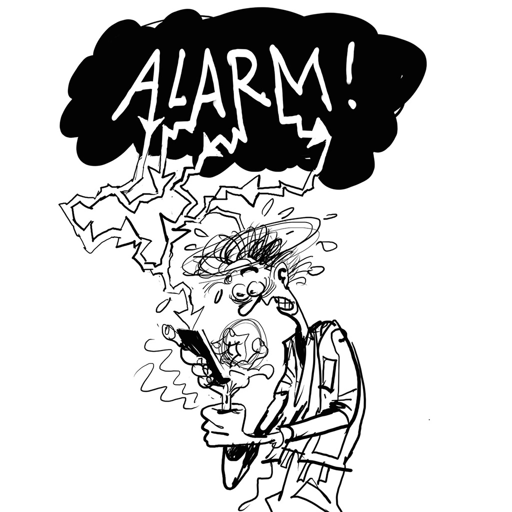 Eine Karikatur in schwarz-weiß. Ein Mann hält ein Handy in der Hand und schaut sehr verwirrt. In seiner schwarzen Gedankenblase ist das Wort ALARM zu lesen.
