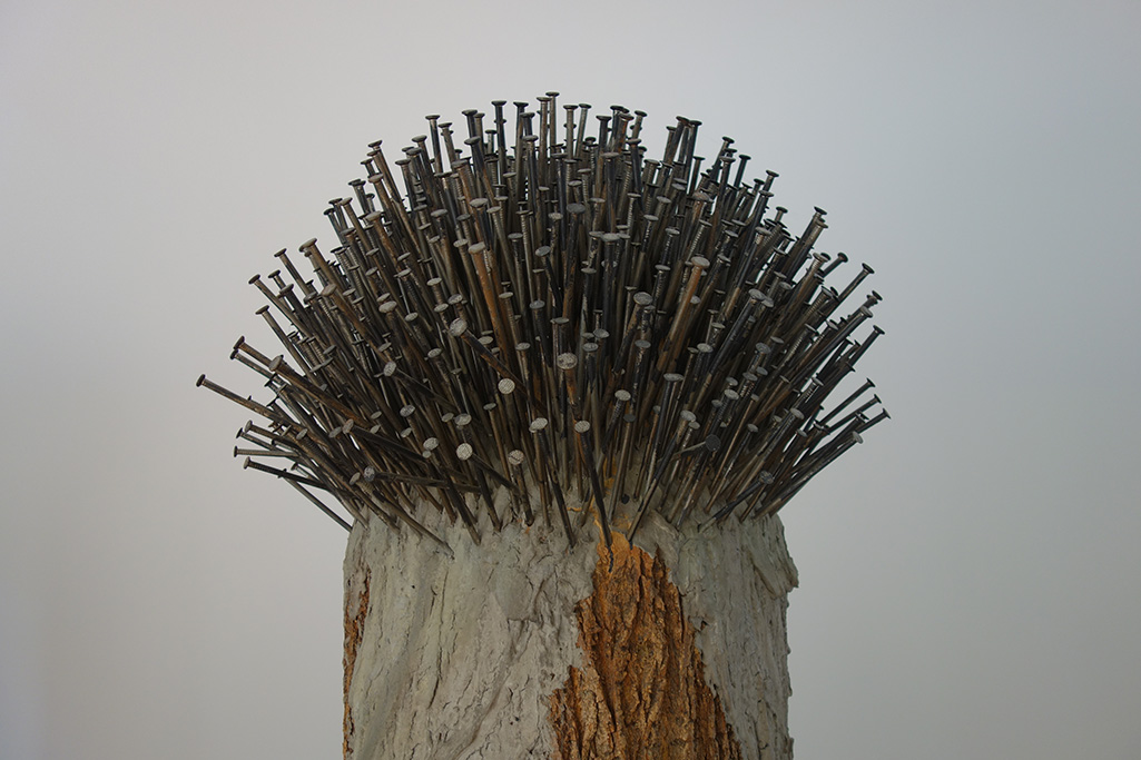 Auf dem Foto sieht man ein Stück Holz. Oben stecken ganz viele Nägel drin. Dadurch sieht das Kunstwerk aus wie ein Igel.