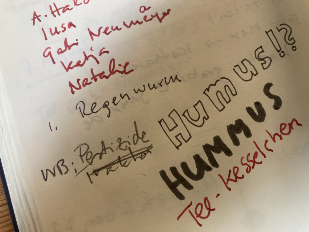 Ein Blick auf eine Notizbuch Seite. Einige Namen sind in rotem Filzstift geschrieben, darunter steht das Wort Regenwurm und dann steht da: HUMUS und HUMMUS