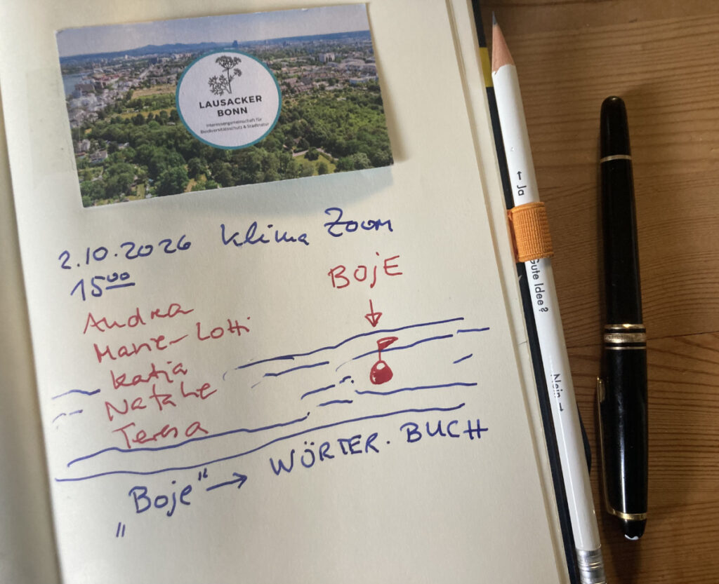 Eine aufgeschlagene Seite eines Notizbuch. Oben klebt eine Visitenkarte mit einer grünen Landschaft. Unten stehen einige Wörter und Namen, rechts daneben eine Zeichnung mit einer kleinen Boje auf Wasser.