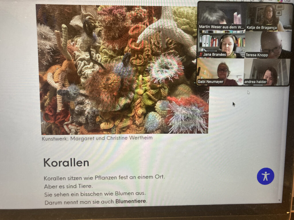 Wir schauen auf einen Bildschirm. Links ist ein Foto zu sehen, farbige gehäkelte Korallen sind sichtbar. Rechts sind die Köpfe von 6 Personen zu sehen, sie zoomen miteinander.